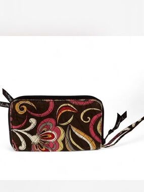 Vera Bradley Brown Floral Zip Wristlet with Pink and Cream Accents